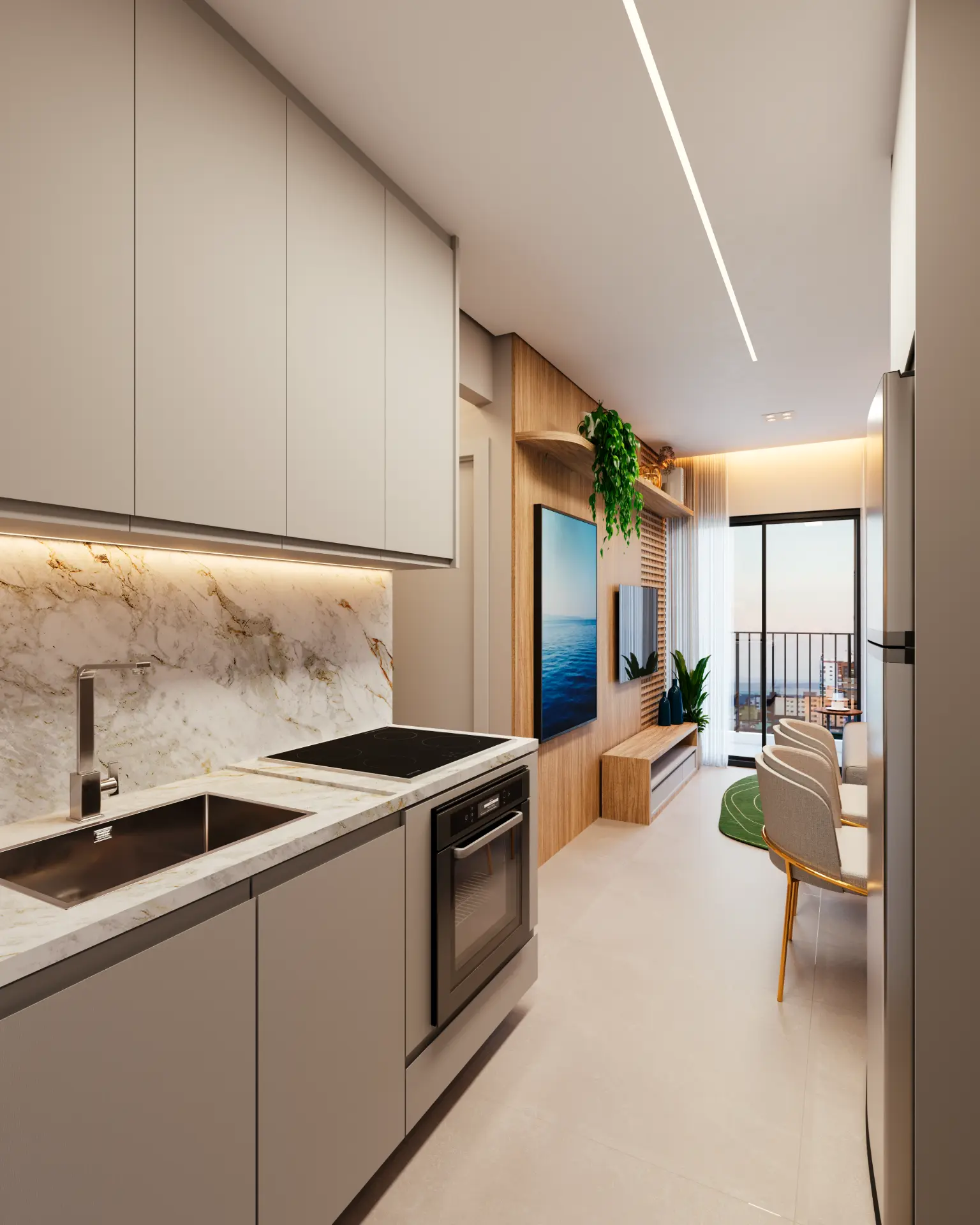 Cozinha do apartamento de 1 dormitório integrada ao living e varanda