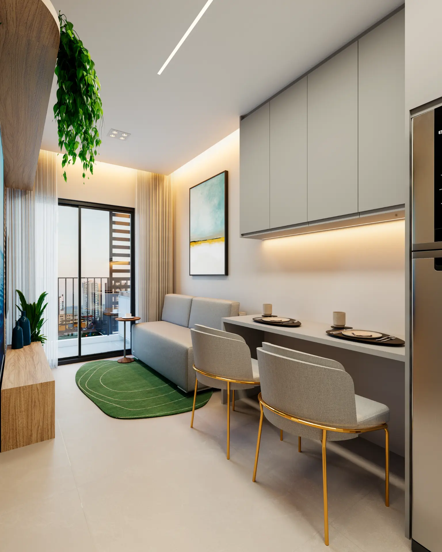 Living do apartamento de 1 dormitório com sofá e bancada de refeições